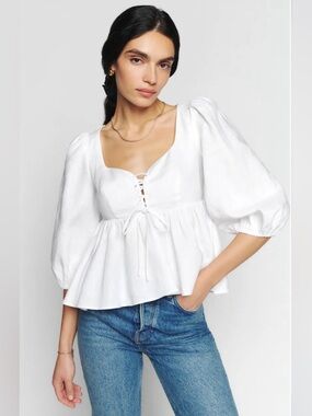 Reformation Linen White Puff-Sleeve Babydoll Top Lace-Up Bodice Boho Size 10